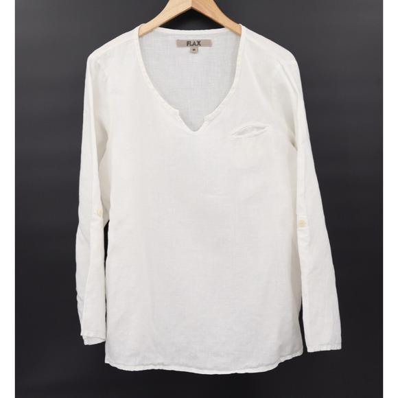 Flax Tops - Flax Women's V Neck Linen Tunic Roll Sleeve White Sz M Pocket Lagenlook